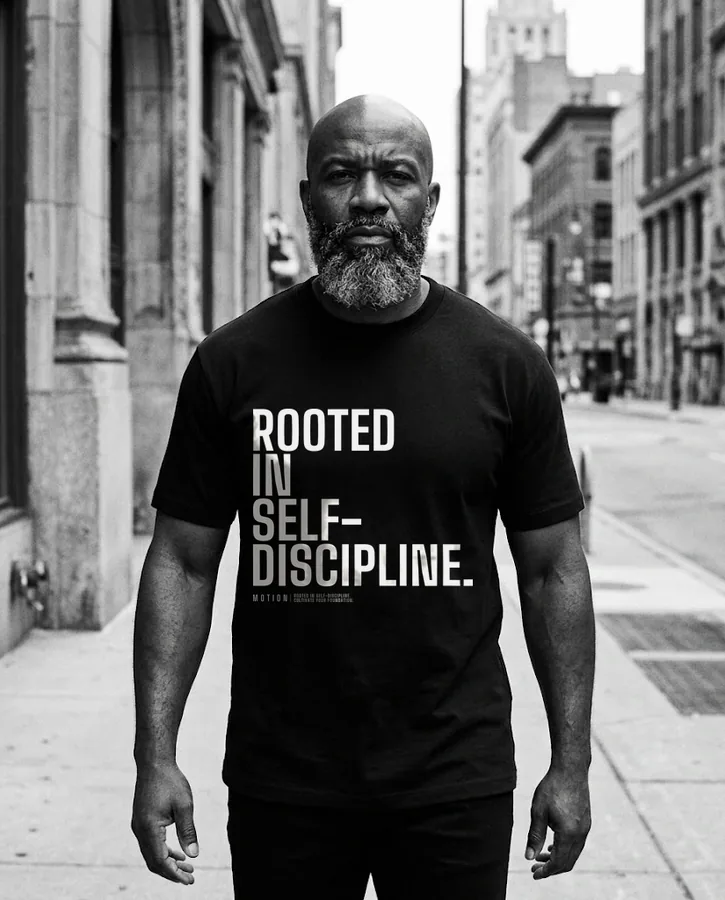 Rooted in Self-Discipline tee on model