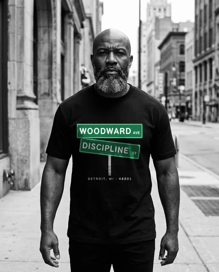 Woodward & Discipline tee on model
